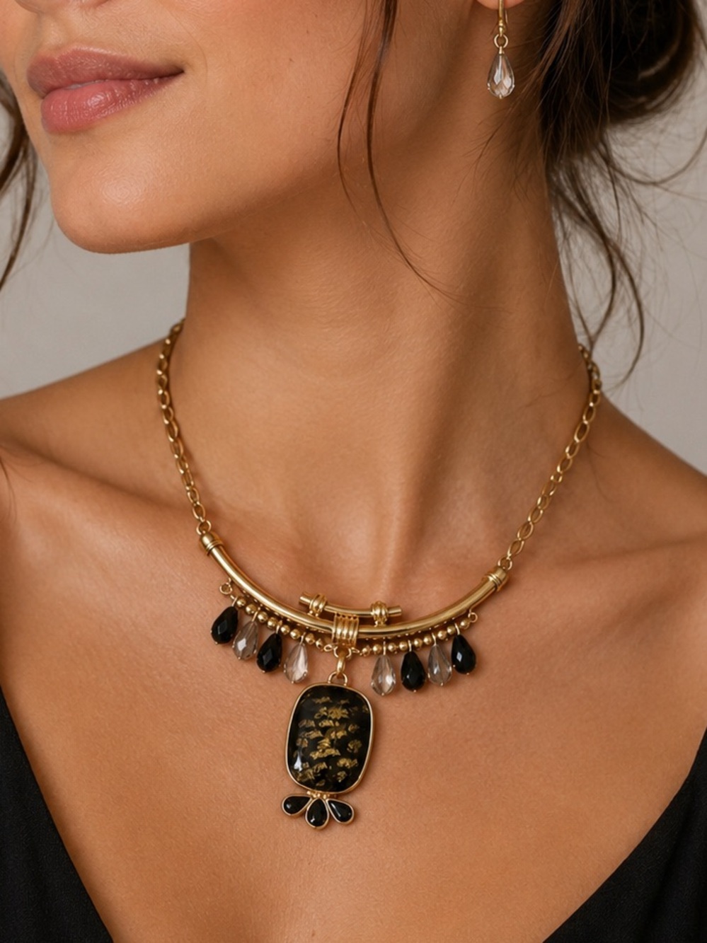 Peacock And Lovely Black & Gold Statement Necklace & Earring Set (BR888/6)